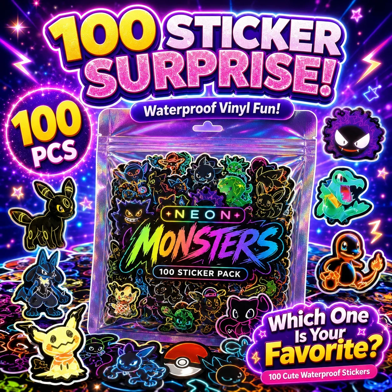 Skateboard - 100 stuks neon Pokémon-stickers, waterbestendig, voor